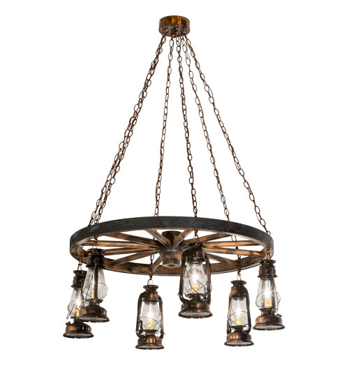 40"W Miners Lantern 6 Lt Wagon Wheel Chandelier