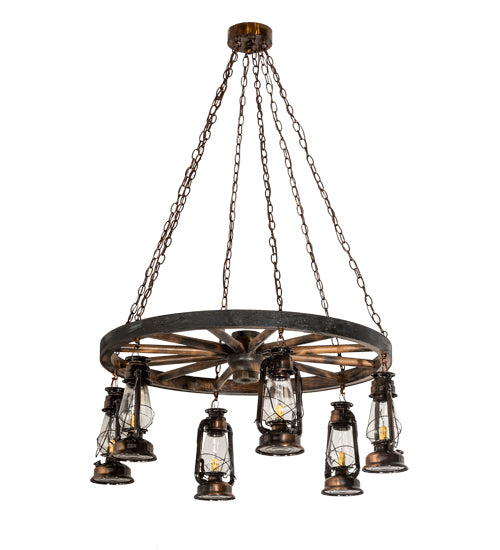 40"W Miners Lantern 6 Lt Wagon Wheel Chandelier