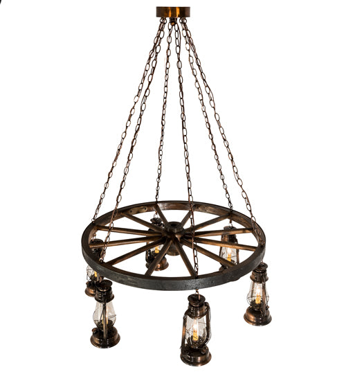 40"W Miners Lantern 6 Lt Wagon Wheel Chandelier