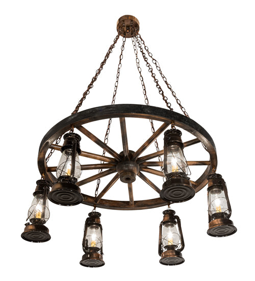 40"W Miners Lantern 6 Lt Wagon Wheel Chandelier