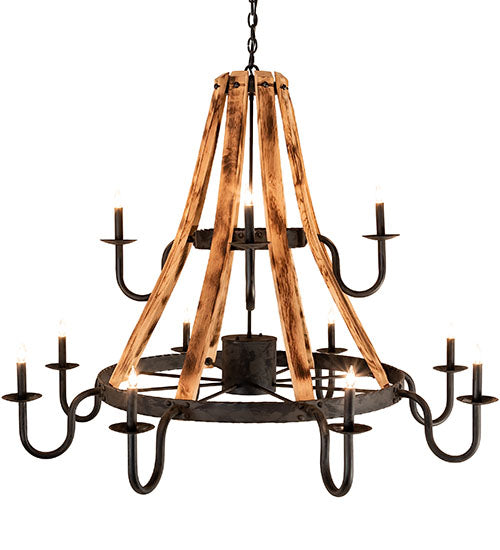 54" Wide Barrel Stave Madera 12 Light Chandelier