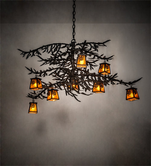 48" Long Pine Branch Winter Pine 8 Light Chandelier