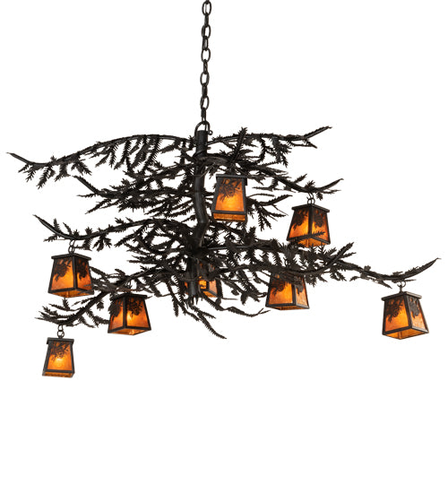 48" Long Pine Branch Winter Pine 8 Light Chandelier