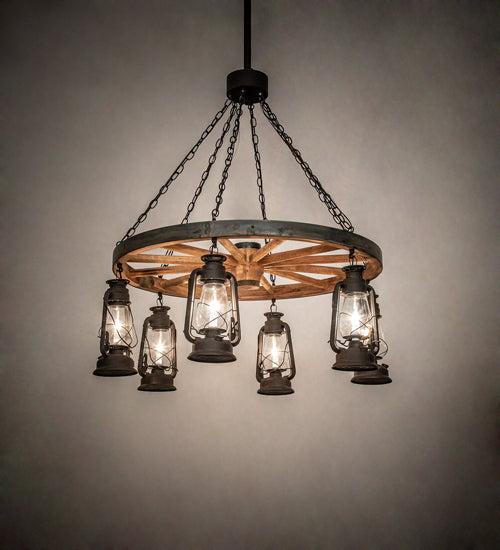 40" Wide Miners Lantern Wagon Wheel 6 Light Chandelier