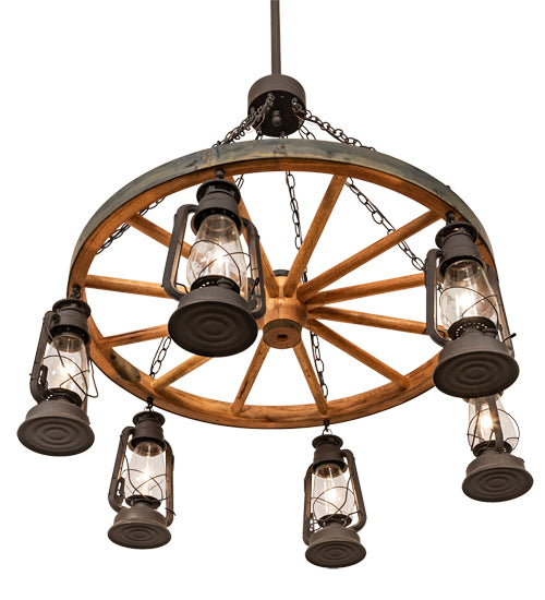 40" Wide Miners Lantern Wagon Wheel 6 Light Chandelier