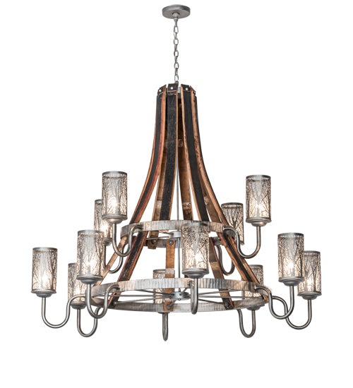 60" Wide Barrel Stave Winter Maple 12 Light Two Tier Chandelier