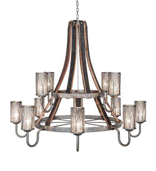 60" Wide Barrel Stave Winter Maple 12 Light Two Tier Chandelier