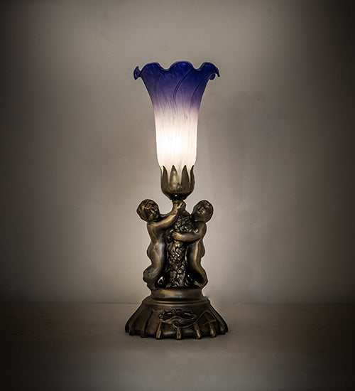 13" High Blue/White Pond Lily Twin Cherub Mini Lamp