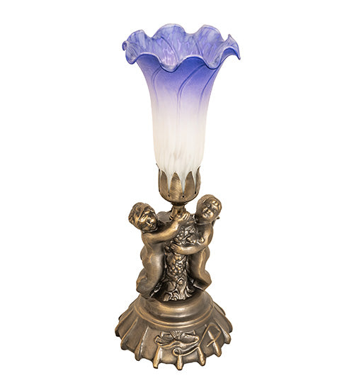 13" High Blue/White Pond Lily Twin Cherub Mini Lamp