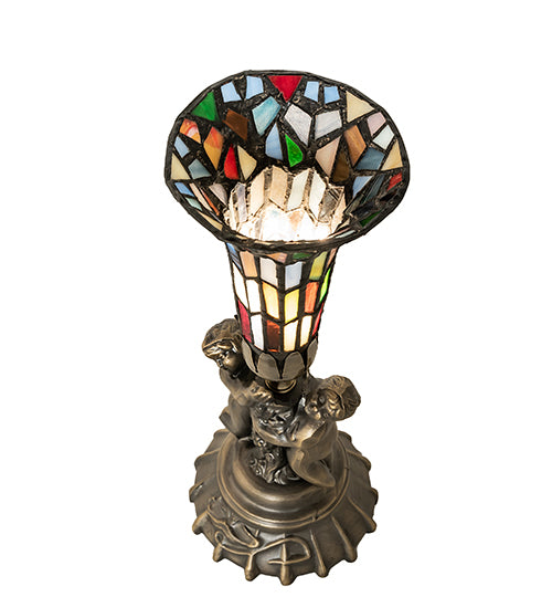 13" High Stained Glass Pond Lily Twin Cherub Mini Lamp