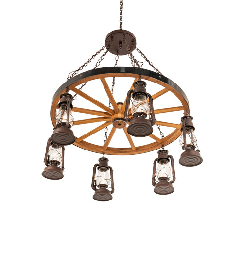 40" Wide Miners Lantern Wagon Wheel 6 Light Chandelier