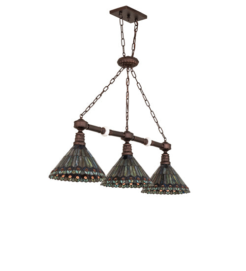 45" Long Tiffany Jeweled Peacock 3 Light Island Pendant