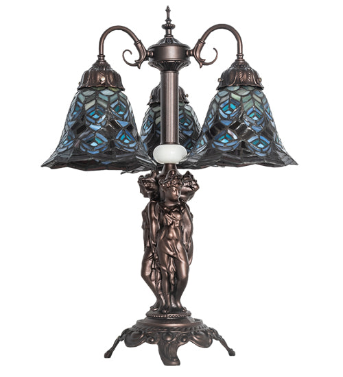 23" High Tiffany Peacock Feather 3 Light Table Lamp