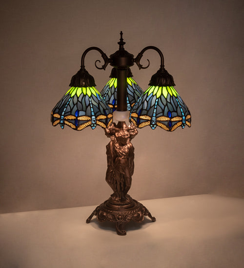 23" High Tiffany Hanginghead Dragonfly 3 Light Table Lamp