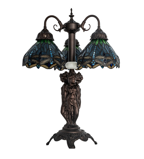 23" High Tiffany Hanginghead Dragonfly 3 Light Table Lamp