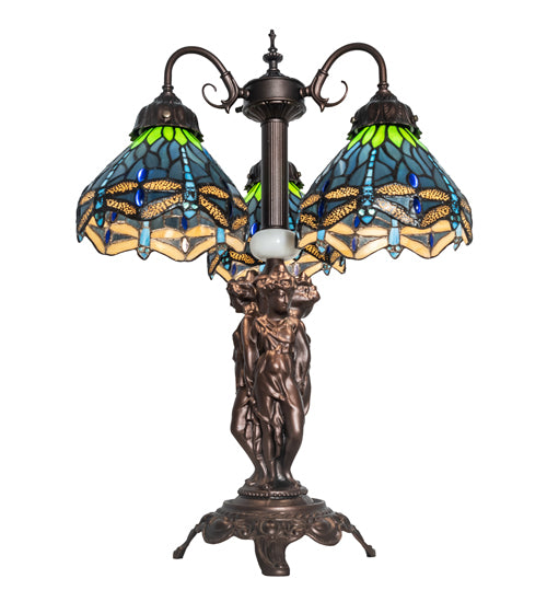 23" High Tiffany Hanginghead Dragonfly 3 Light Table Lamp