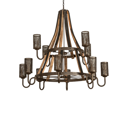 60" Wide Barrel Stave Winter Maple 12 Light Two Tier Chandelier