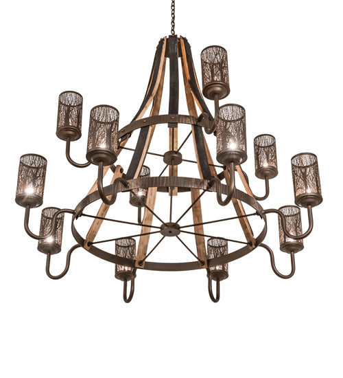 60" Wide Barrel Stave Winter Maple 12 Light Two Tier Chandelier