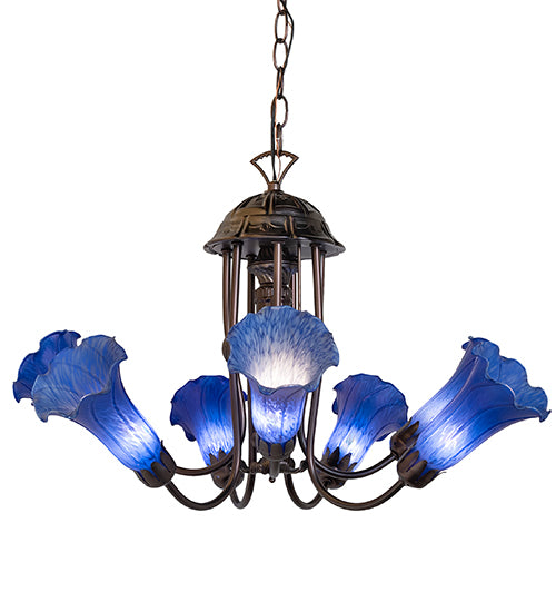 24" Wide Blue Tiffany Pond Lily 7 Light Chandelier