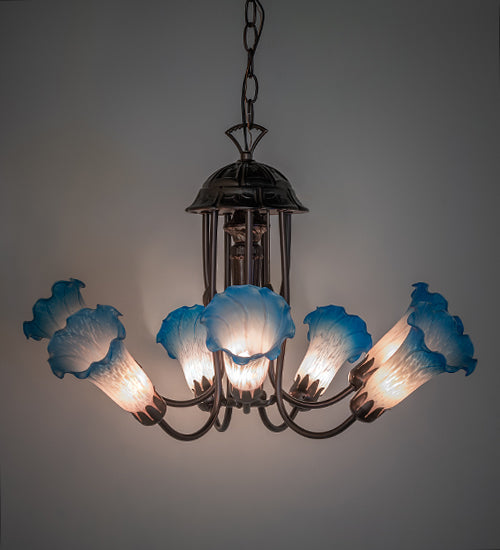 24" Wide Pink/Blue Tiffany Pond Lily 7 Light Chandelier