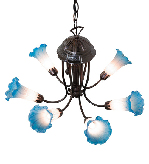 24" Wide Pink/Blue Tiffany Pond Lily 7 Light Chandelier