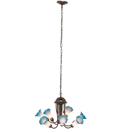 24" Wide Pink/Blue Tiffany Pond Lily 7 Light Chandelier