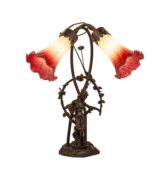 17" High Seafoam/Cranberry Tiffany Pond Lily 2 Light Trellis Girl Accent Lamp