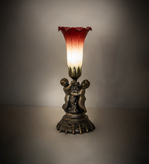 13" High Seafoam/Cranberry Tiffany Pond Lily Twin Cherub Accent Lamp