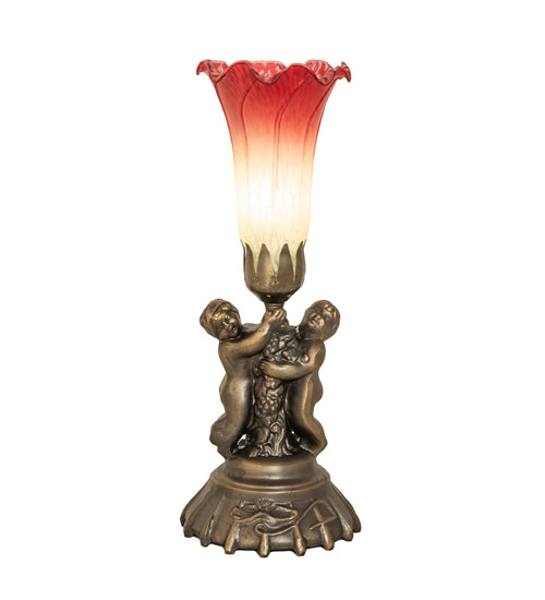 13" High Seafoam/Cranberry Tiffany Pond Lily Twin Cherub Accent Lamp