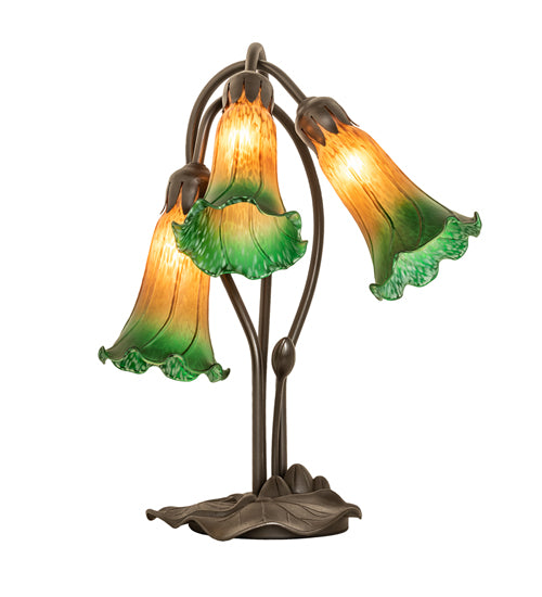 16" High Amber/Green Tiffany Pond Lily 3 Light Accent Lamp