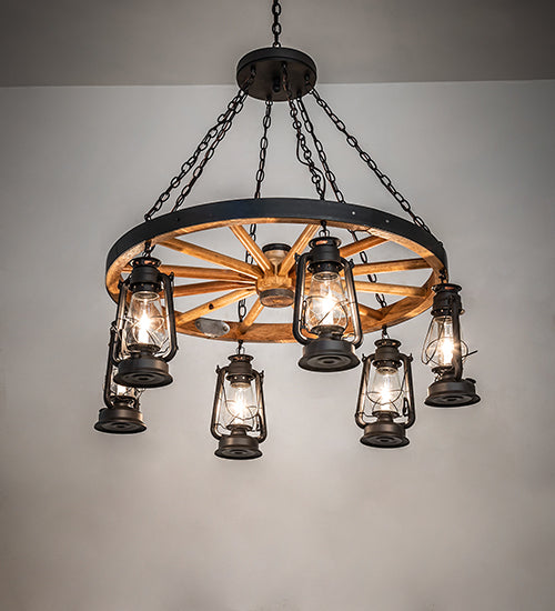 40" Wide Miners Lantern Wagon Wheel 6 Light Chandelier