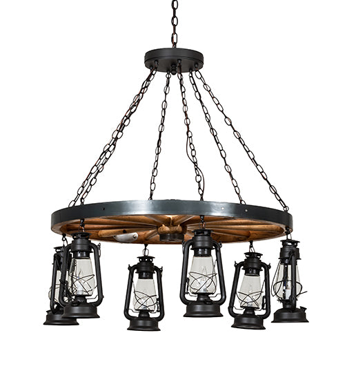 40" Wide Miners Lantern Wagon Wheel 6 Light Chandelier