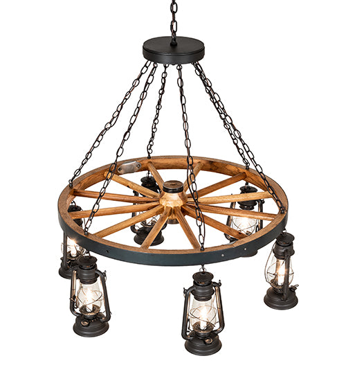 40" Wide Miners Lantern Wagon Wheel 6 Light Chandelier