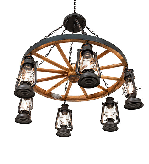 40" Wide Miners Lantern Wagon Wheel 6 Light Chandelier