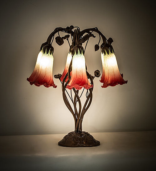 18" High Seafoam/Cranberry Tiffany Pond Lily 6 Light Table Lamp