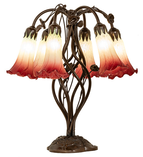 18" High Seafoam/Cranberry Tiffany Pond Lily 6 Light Table Lamp