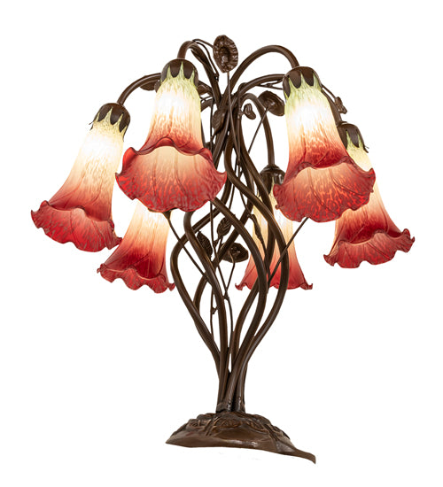 18" High Seafoam/Cranberry Tiffany Pond Lily 6 Light Table Lamp