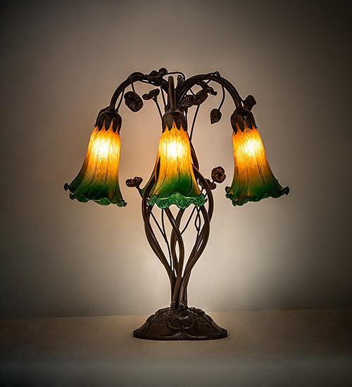 18" High Amber/Green Tiffany Pond Lily 6 Light Table Lamp