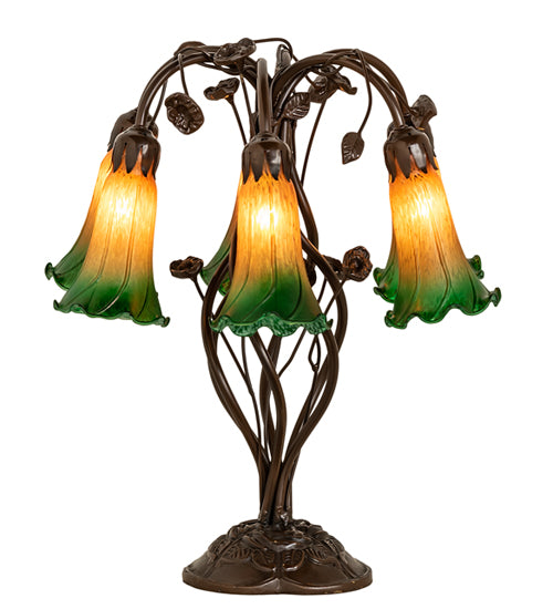 18" High Amber/Green Tiffany Pond Lily 6 Light Table Lamp