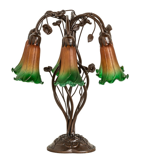 18" High Amber/Green Tiffany Pond Lily 6 Light Table Lamp