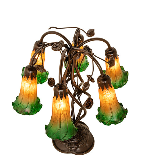 18" High Amber/Green Tiffany Pond Lily 6 Light Table Lamp