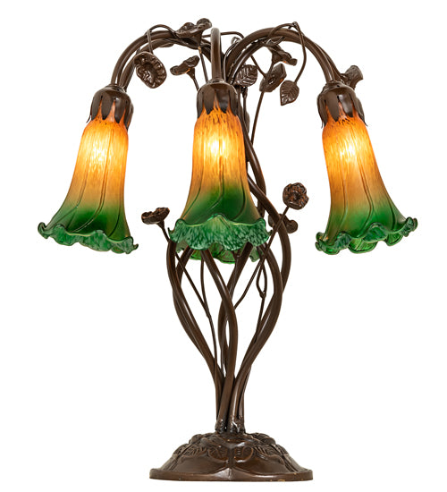 18" High Amber/Green Tiffany Pond Lily 6 Light Table Lamp