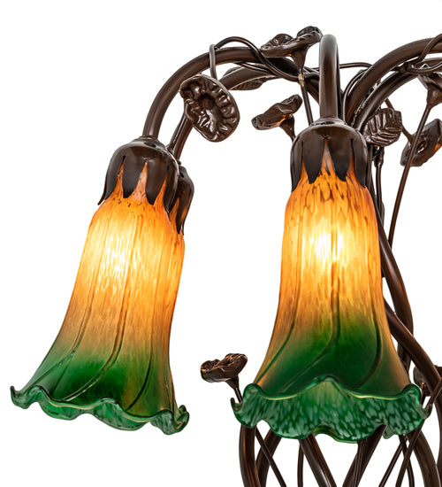 18" High Amber/Green Tiffany Pond Lily 6 Light Table Lamp