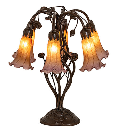 18" High Amber/Purple Tiffany Pond Lily 6 Light Table Lamp