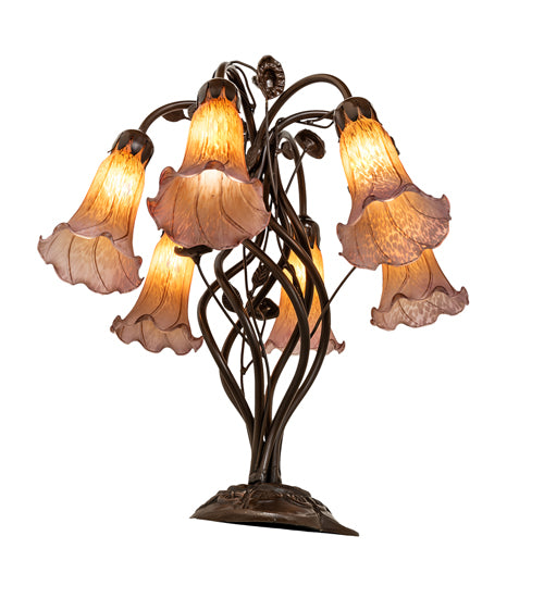 18" High Amber/Purple Tiffany Pond Lily 6 Light Table Lamp