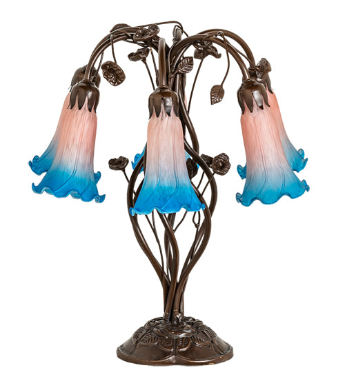 18" High Pink/Blue Tiffany Pond Lily 6 Light Table Lamp