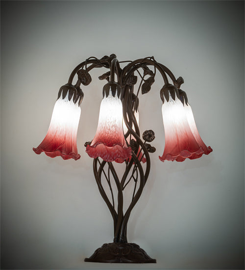 19" High Pink/White Tiffany Pond Lily 6 Light Table Lamp