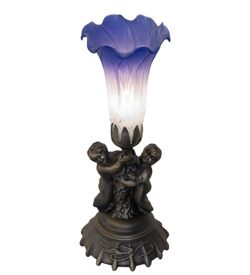 13" High Blue/White Tiffany Pond Lily Twin Cherub Accent Lamp