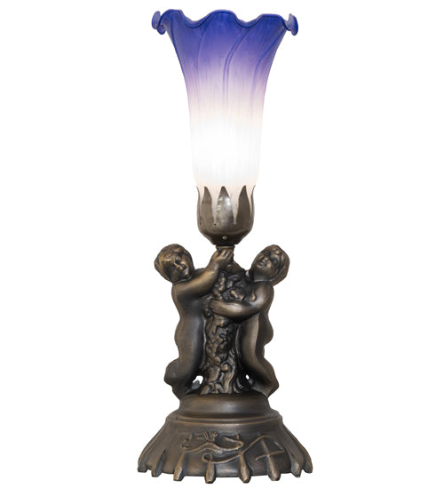 13" High Blue/White Tiffany Pond Lily Twin Cherub Accent Lamp