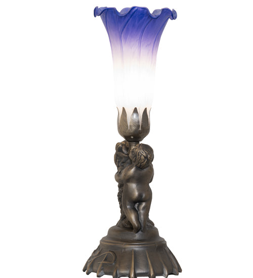 13" High Blue/White Tiffany Pond Lily Twin Cherub Accent Lamp